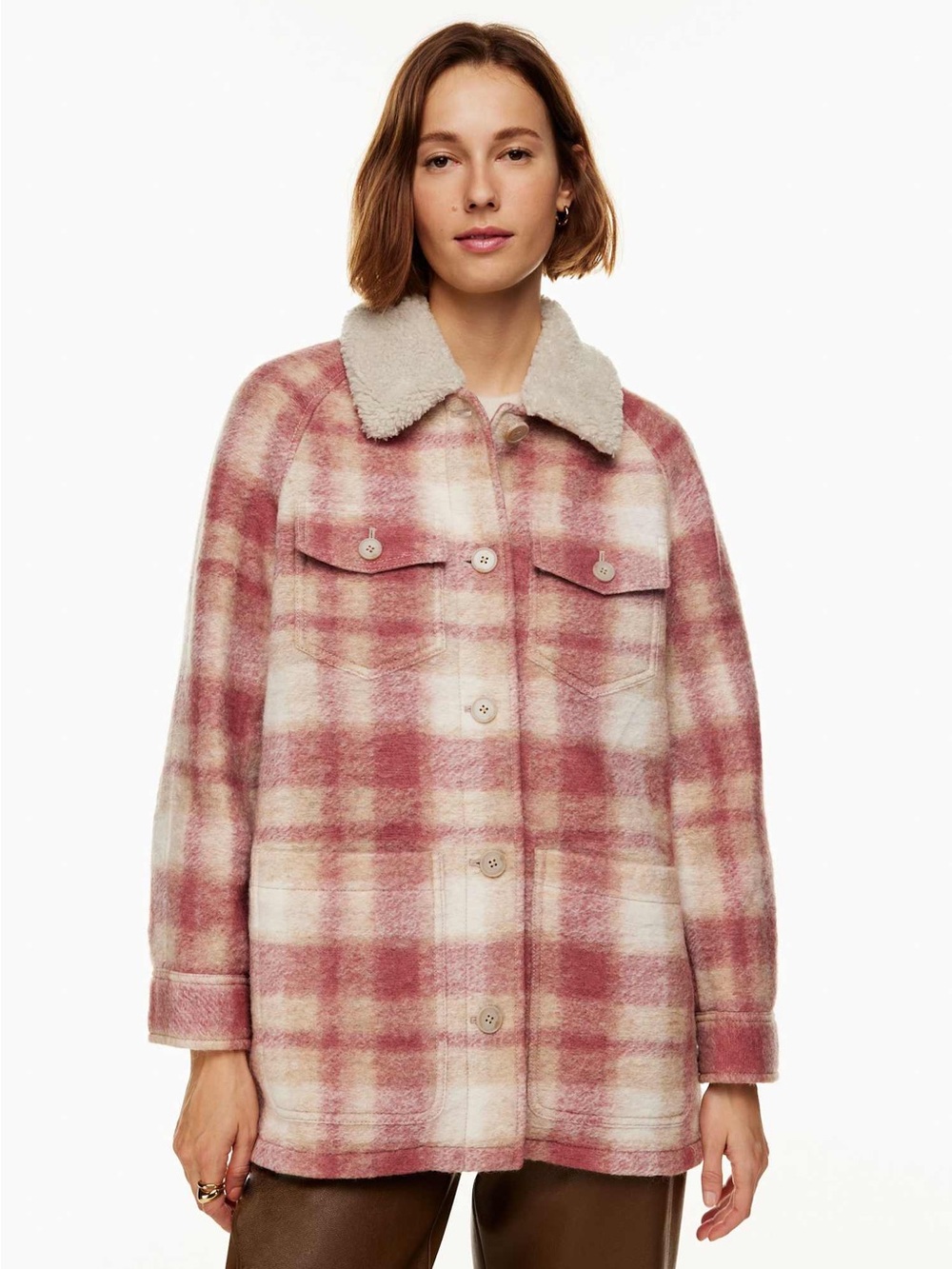 ARITZIA Wilfred Free Pacific Shirt Jacket | pink tan plaid Shacket Sz XS